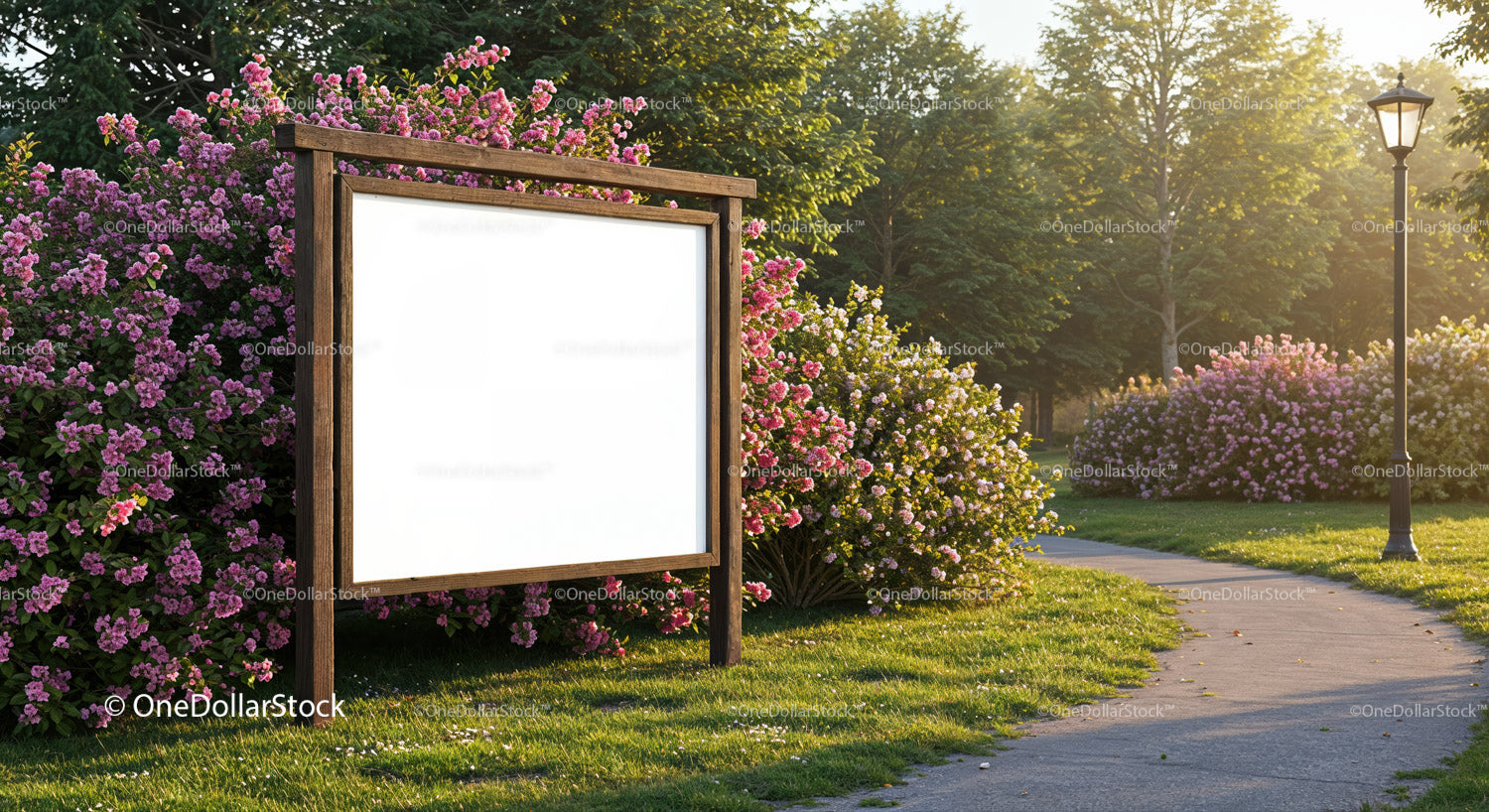 Wooden billboard surrounded by blooming pink flowers in park