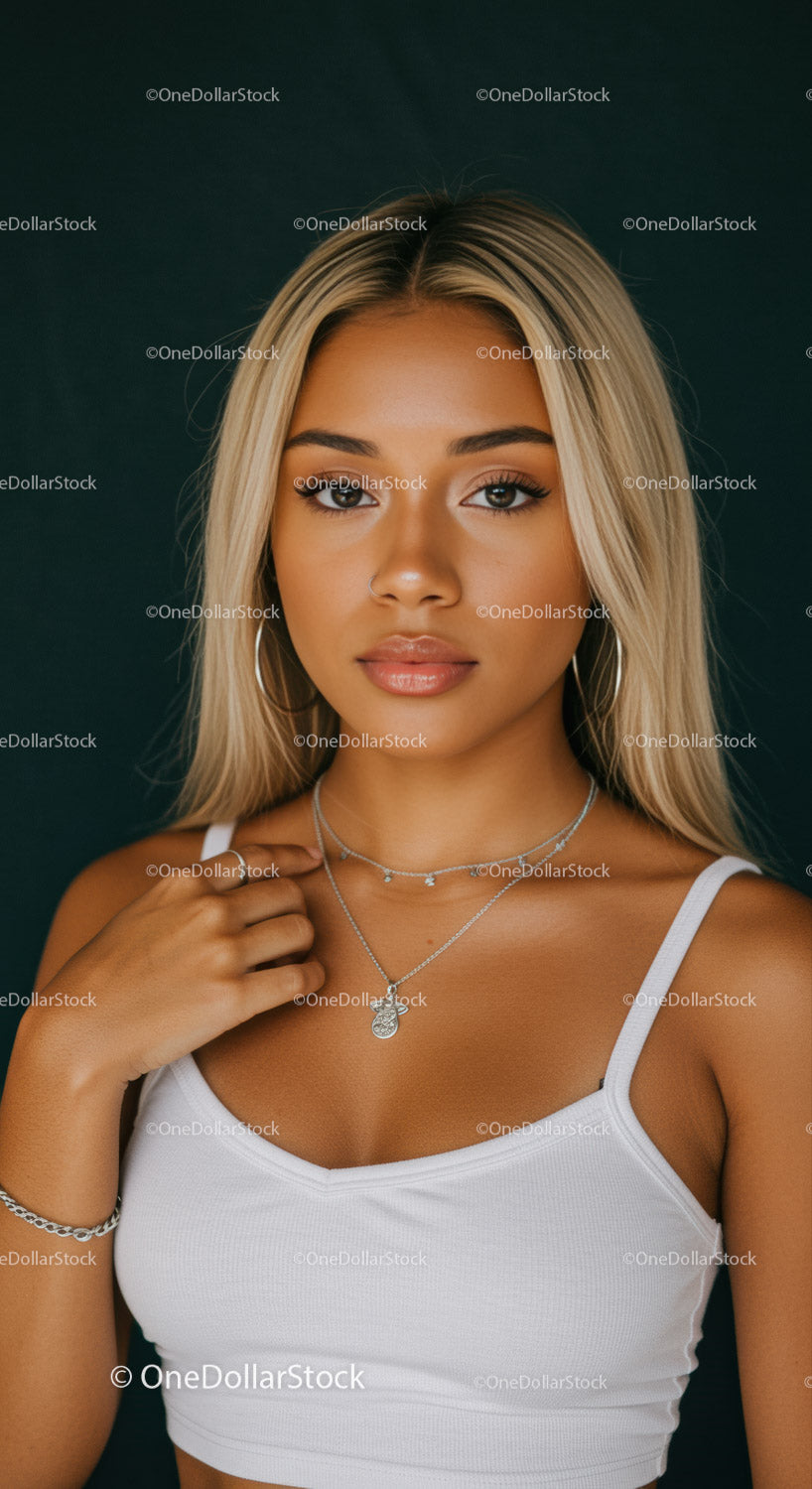 Confident young woman with blonde hair in white top