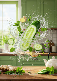 Fresh cucumber and ginger splash with mint leaves