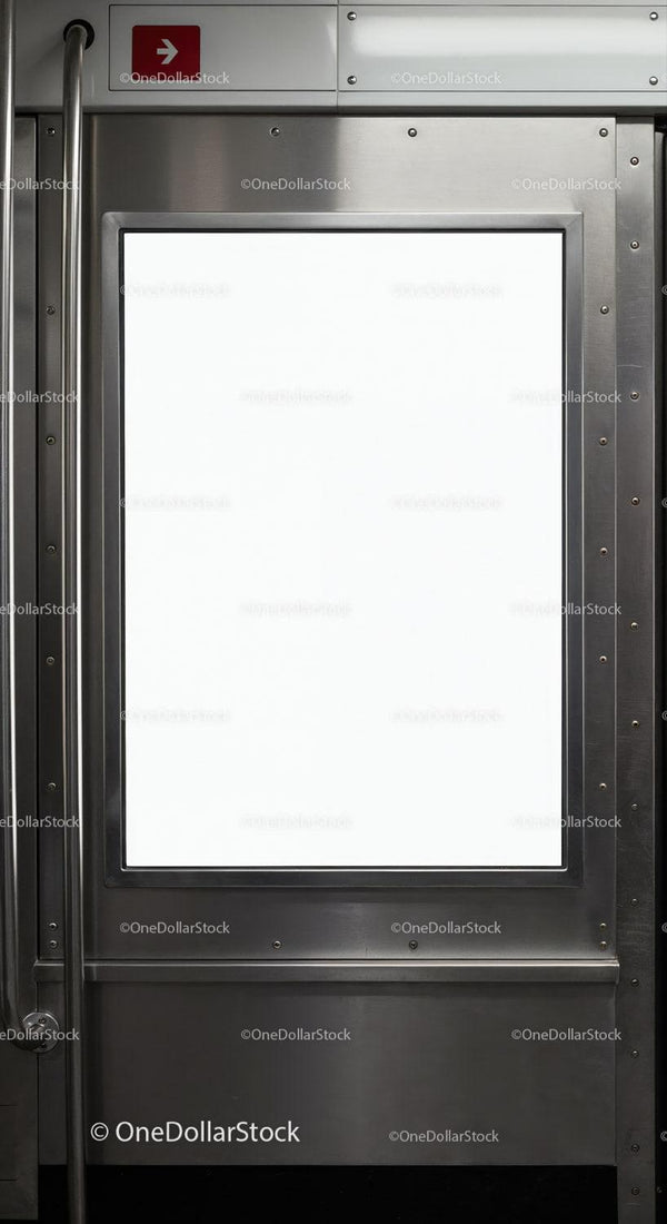 Blank white poster space in subway train door frame JPG Mockup Image