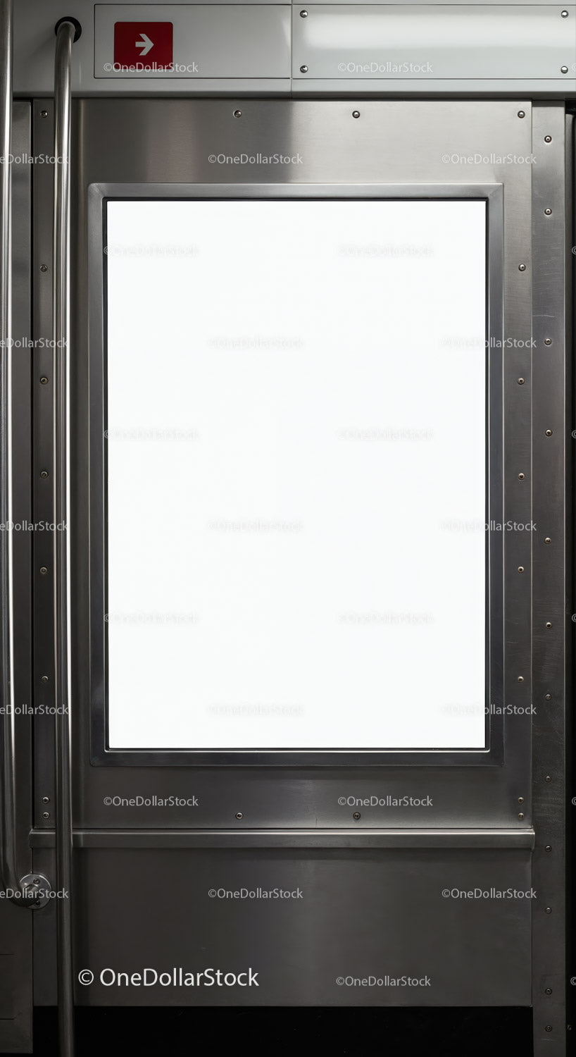 Blank white poster space in subway train door frame