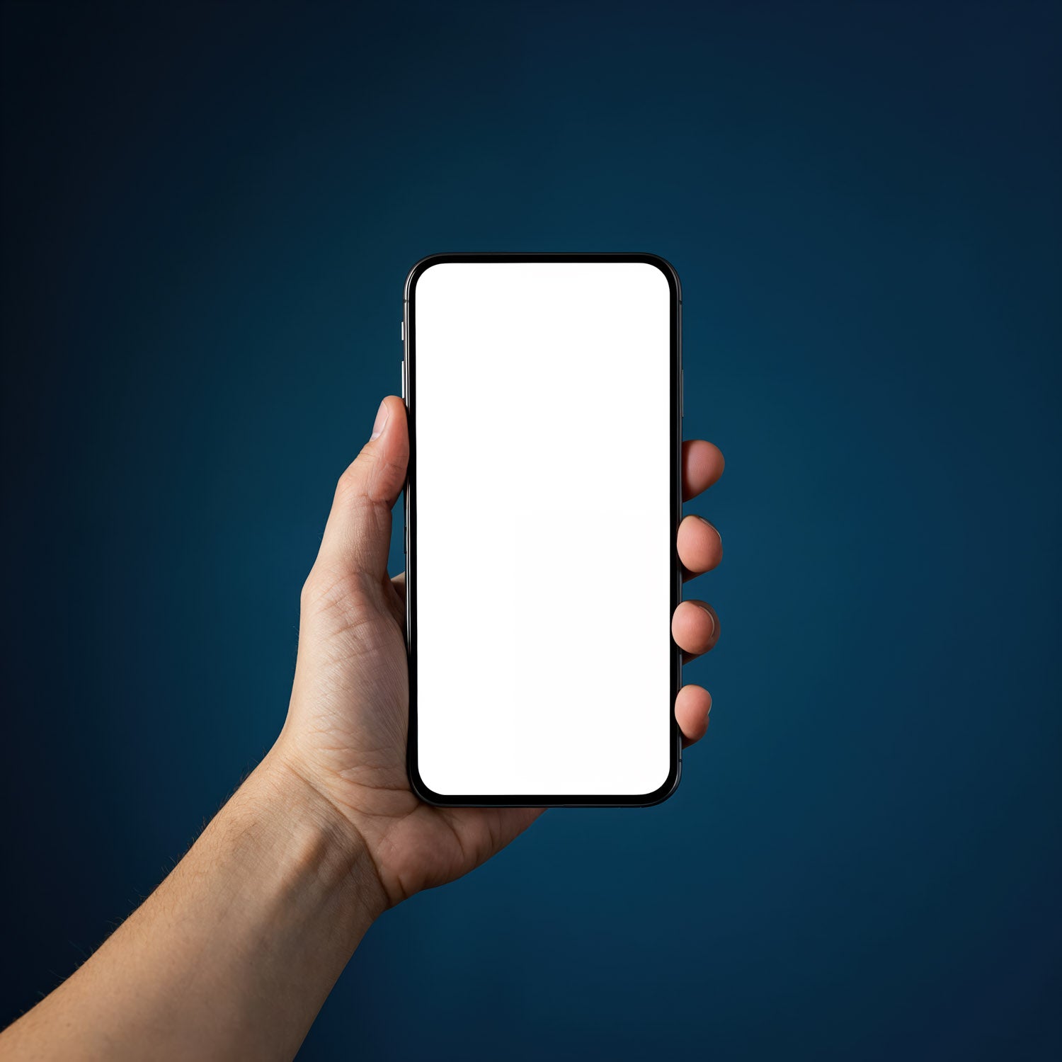 Osoba trzymająca smartfon z pustym, białym ekranem