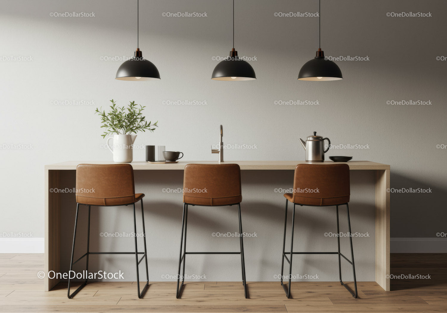 Modern Minimalist Kitchen with Bar Stools and Green Plant