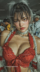 Youthful Woman in Red Lace Top with Braided Silver Hair and Bold Expression