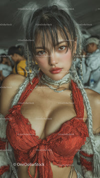 Youthful Woman in Red Lace Top with Braided Silver Hair and Bold Expression