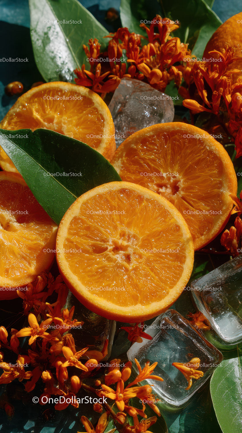 Fresh Orange Slices with Green Leaves and Ice in Vibrant Composition