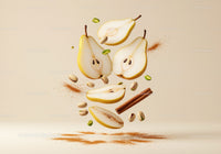 Fresh pear slices with cinnamon and pistachios floating