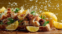 Fresh Squid with Lemon Wedges and Parsley on Toast