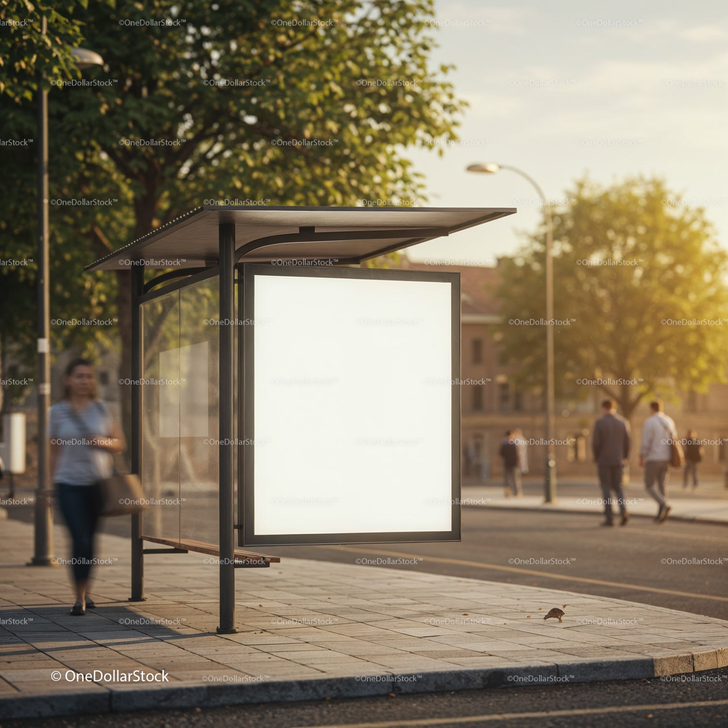 Urban bus stop with illuminated blank advertisement panel