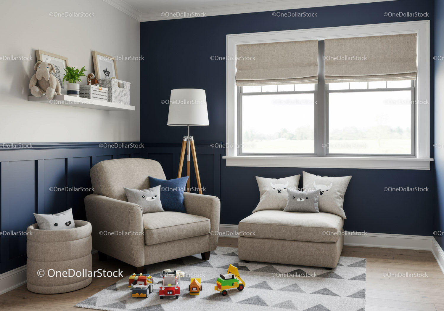 Cozy Modern Nursery with Blue Accent Wall and Animal Face Cushions