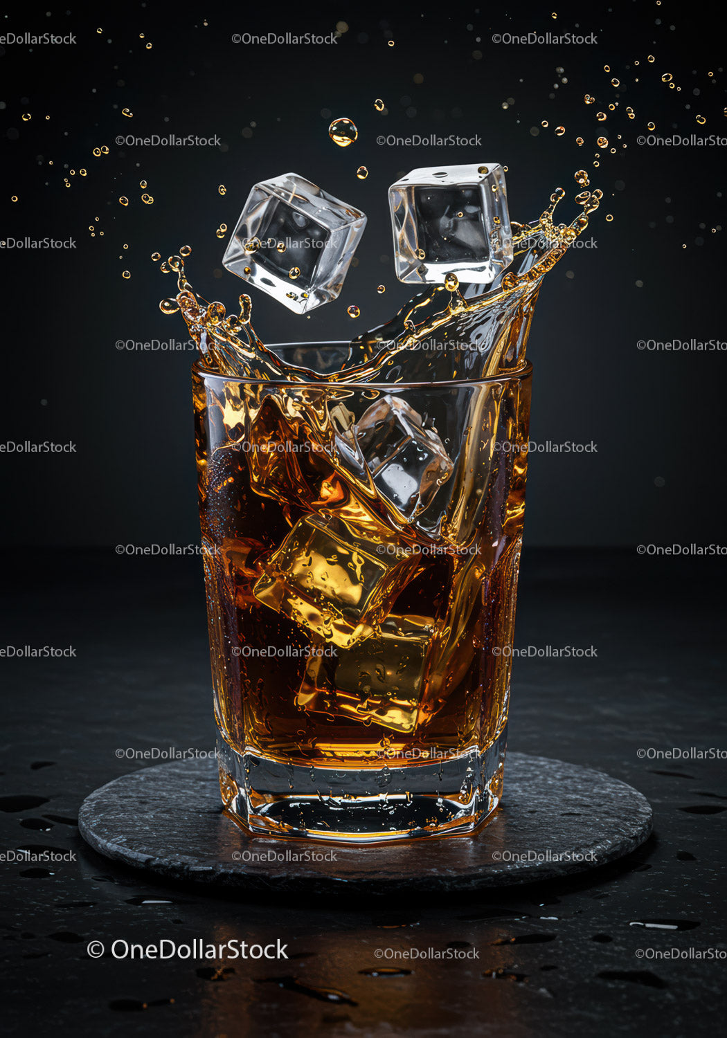 Whisky w czystej szklance z kostkami lodu na podstawce