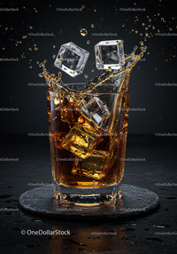 Whiskey splash with ice cubes in clear glass on coaster