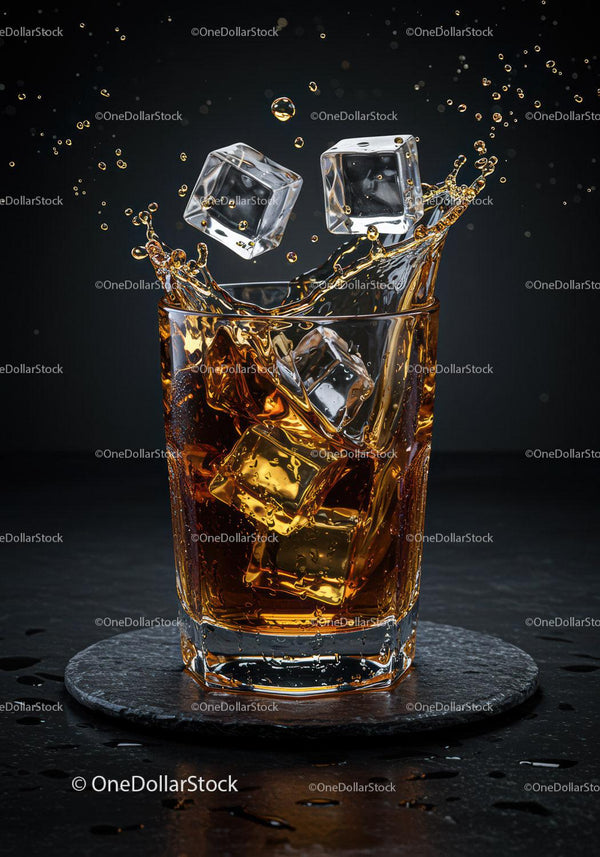 Whiskey splash with ice cubes in clear glass on coaster