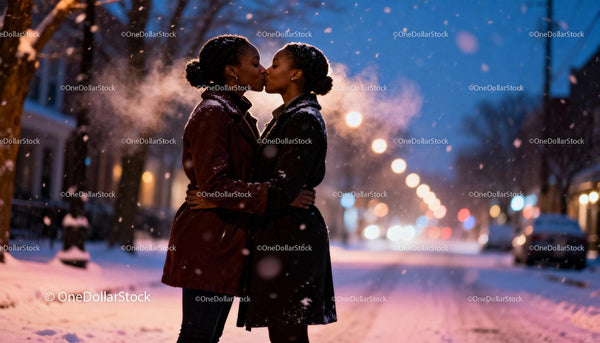 Couple sharing an intimate winter kiss in snowy street