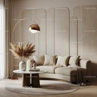 Cozy beige living room with curved sofa and modern decor