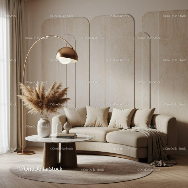 Cozy beige living room with curved sofa and modern decor