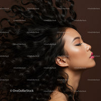 Profile of woman with flowing curly hair and pink lips