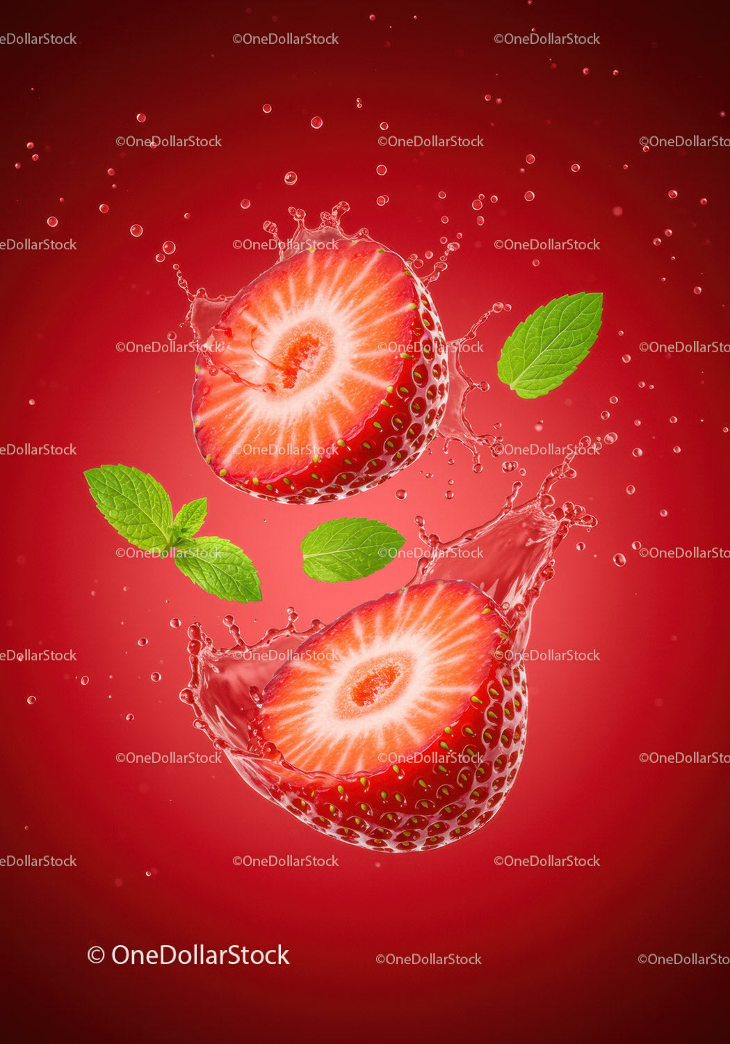 Fresh strawberry halves splashing in water with mint leaves