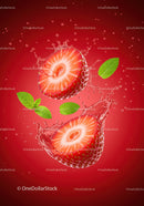 Fresh strawberry halves splashing in water with mint leaves