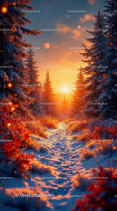 Winter forest pathway glowing in warm sunset light