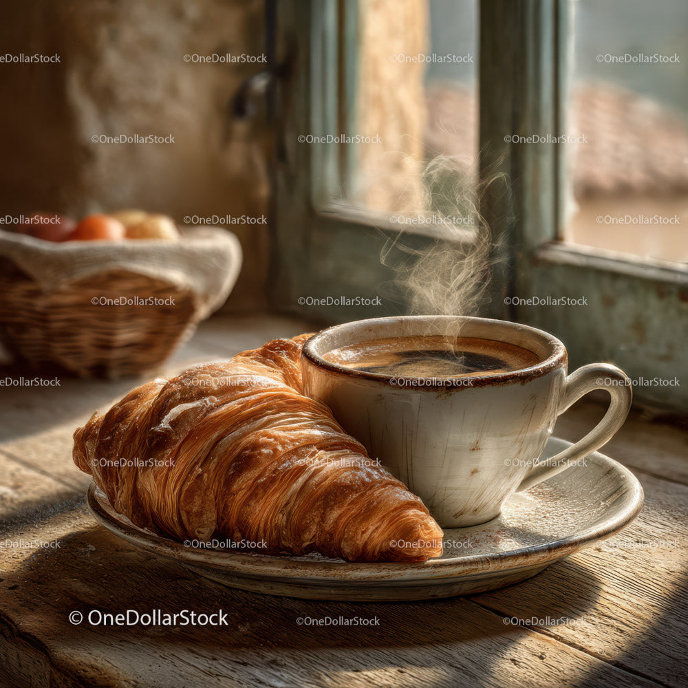Steaming Coffee and Croissant on Rustic Wooden Table