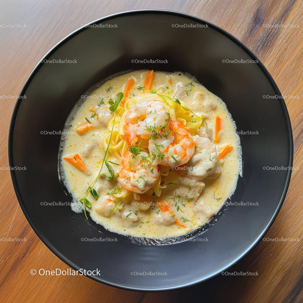 Creamy Shrimp Pasta with Carrots and Fresh Herbs in Black Bowl