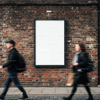 Empty street poster on rustic brick wall with pedestrians