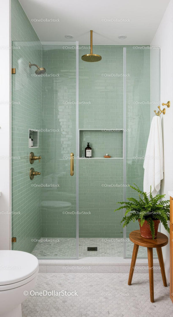 Modern bathroom with glass shower and green tiles