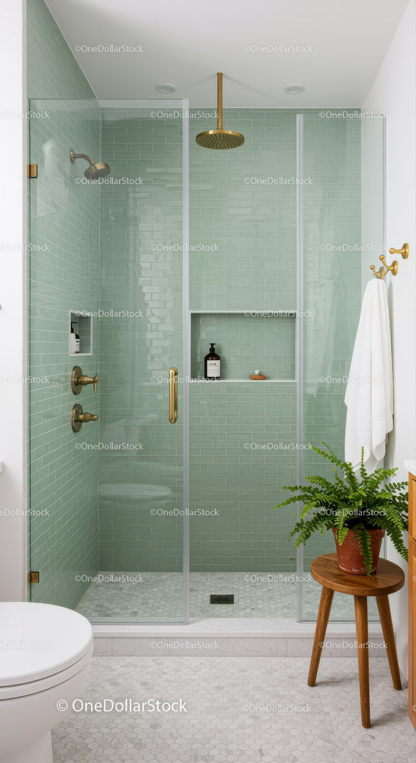 Modern bathroom with glass shower and green tiles