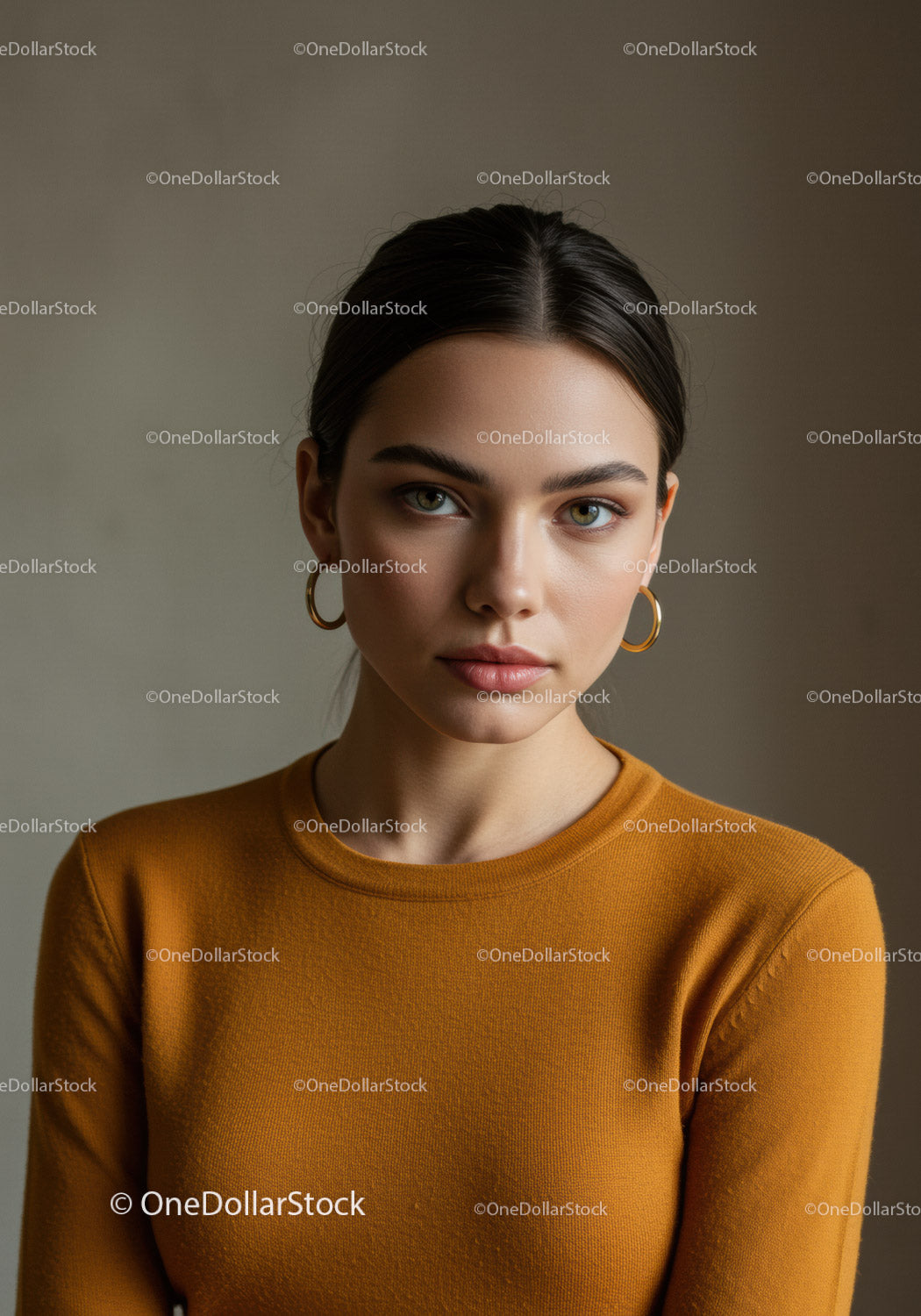 Portrait of a Young Woman in Brown Top with Hoop Earrings for Fashion Campaign