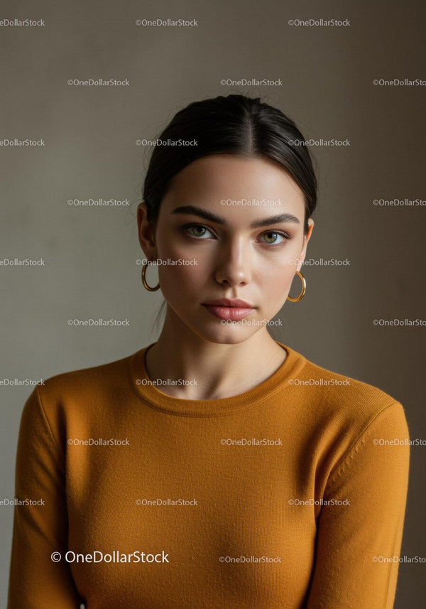 Portret młodej kobiety w brązowej bluzce z kolczykami-kołami na kampanię modową