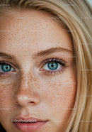 Close up of blue eyed woman with natural freckles