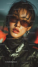 Confident Female Rider in Sunglasses with Motorcycle Gear