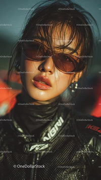 Confident Female Rider in Sunglasses with Motorcycle Gear