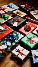 Assorted Wrapped Christmas Presents on Wooden Floor