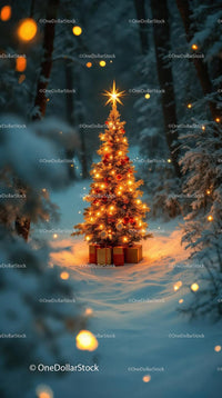 Glowing Christmas Tree in Snowy Winter Forest