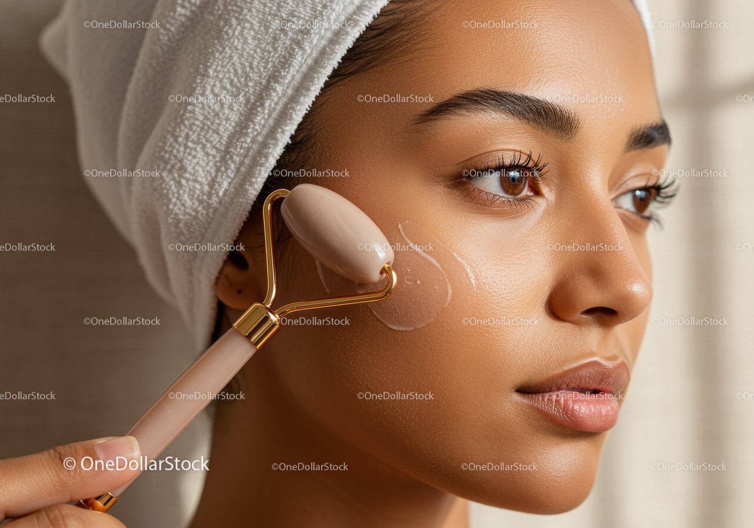 Woman Using Jade Face Roller for Skincare and Face Relaxation