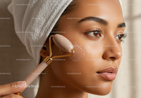 Woman Using Jade Face Roller for Skincare and Face Relaxation