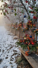 Winter garden fence adorned with festive Christmas wreaths