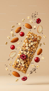 Healthy granola bar with nuts and berries floating on beige background