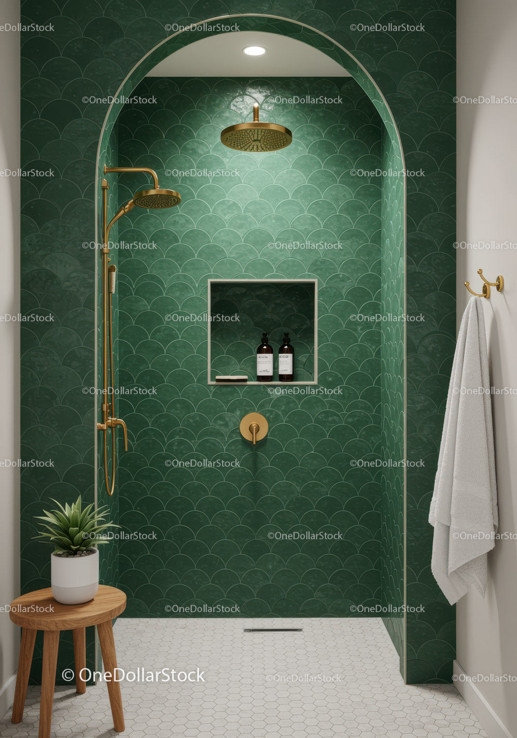 Modern Green Tiled Shower with Gold Fixtures and Plant