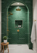 Modern Green Tiled Shower with Gold Fixtures and Plant