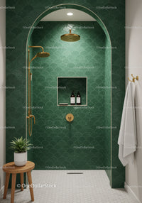 Modern Green Tiled Shower with Gold Fixtures and Plant