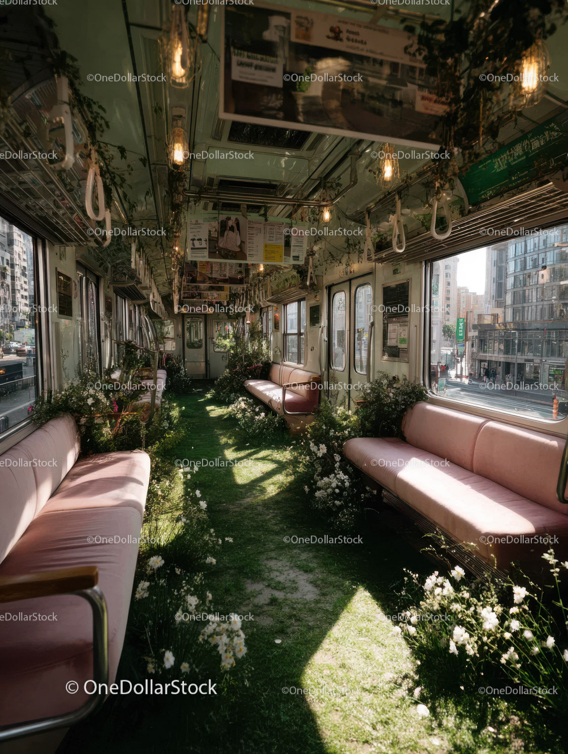 Wystrój wnętrza zabytkowego tramwaju z zielenią i kwiatami