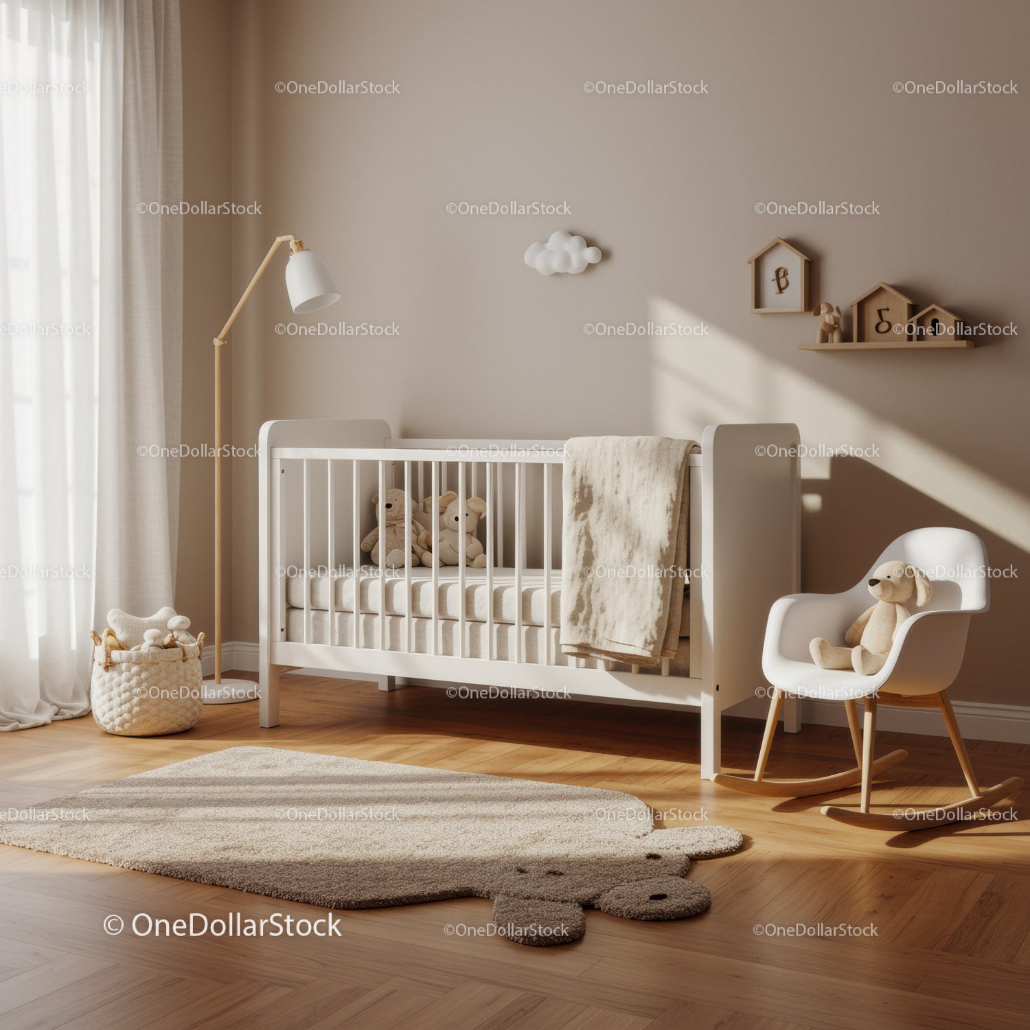 Minimalist Cozy Nursery with White Crib and Soft Toys