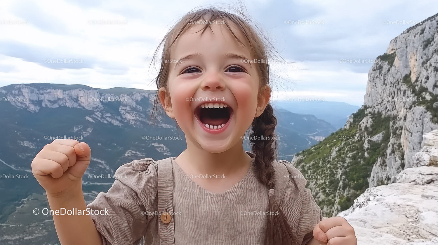Happy Girl Celebrating Outdoors in Scenic Mountain Landscape