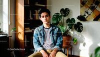 Thoughtful young man sitting in cozy home library