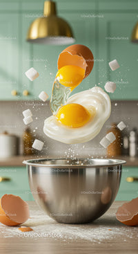 Fresh eggs cracking into bowl with floating sugar cubes