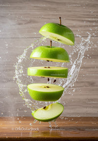 Fresh green apple sliced with dynamic water splash