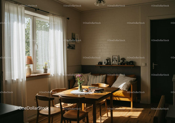 Przytulny, nasłoneczniony salon z drewnianymi meblami